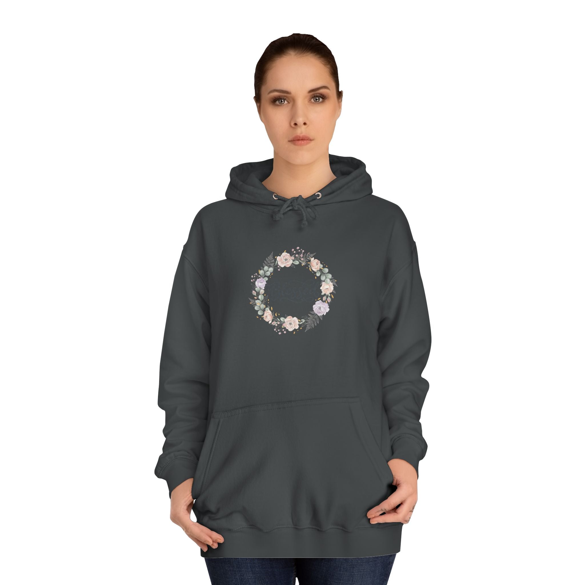 Blessed Floral Wreath Hoodie | Pastel Flowers, Script Typograph USAy