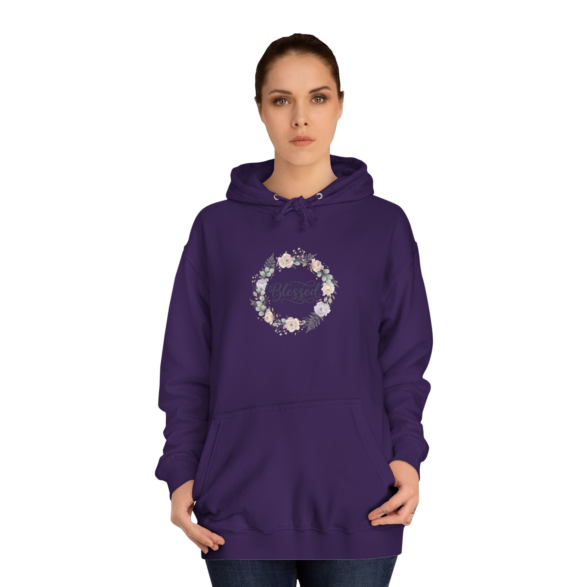 Blessed Floral Wreath Hoodie | Pastel Flowers, Script Typograph USAy