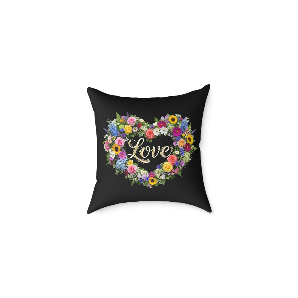Floral Heart Wreath Love Pillow | Square Poly Canvas Pillow
