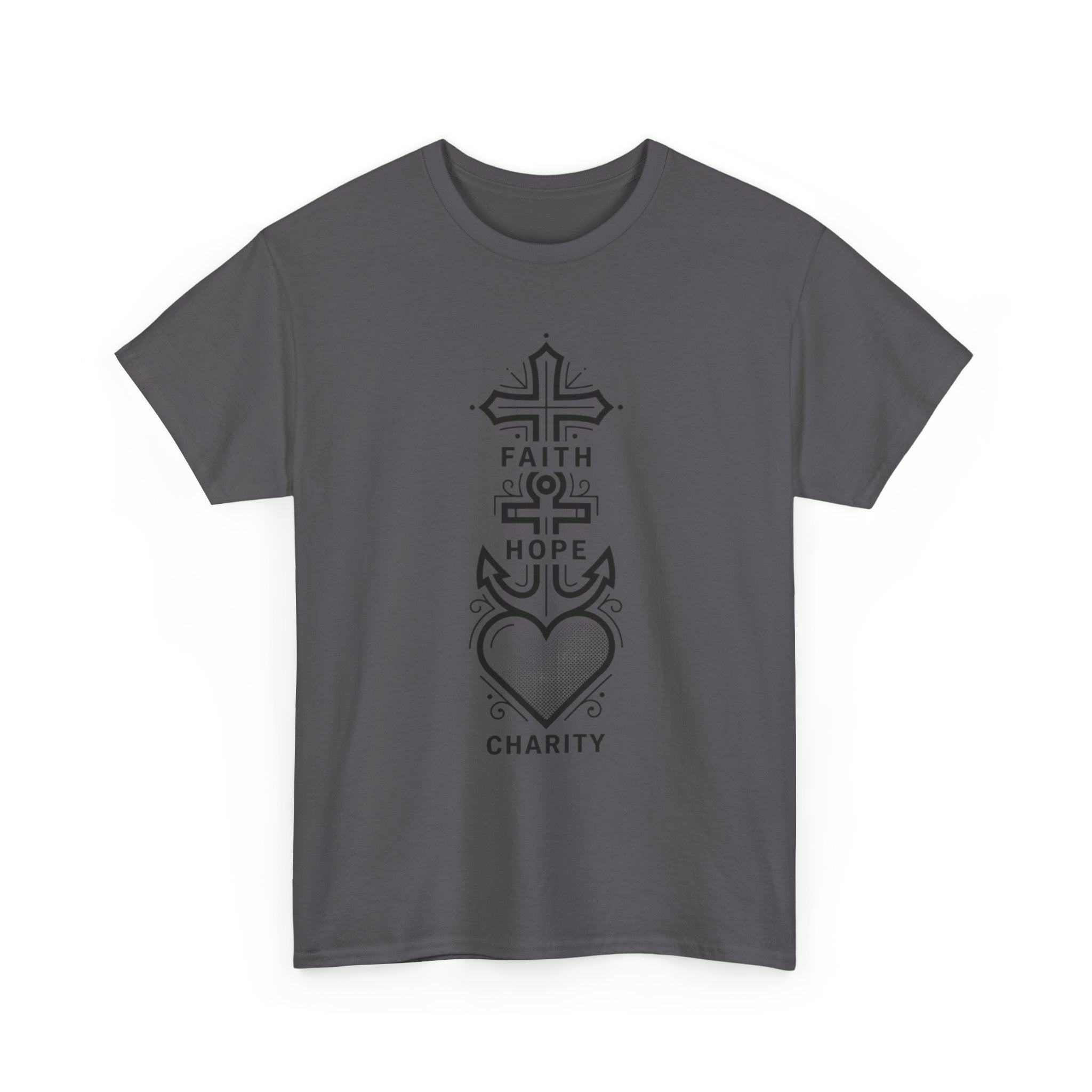 Faith Hope Charity T‑Shirt — Christian Cross, Anchor & Heart  Tee