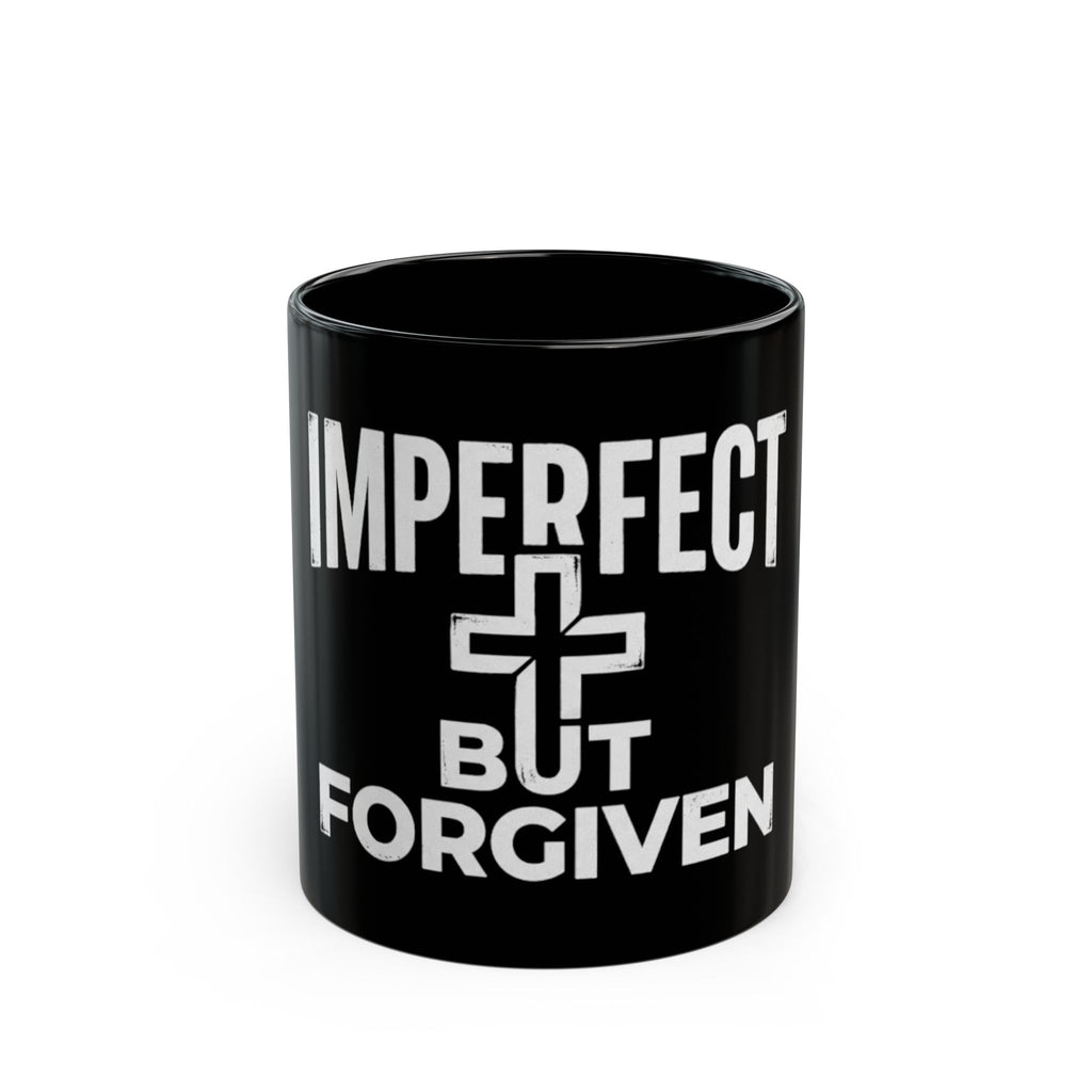Imperfect But Forgiven mug | Black ceramic coffee mug with cross design
