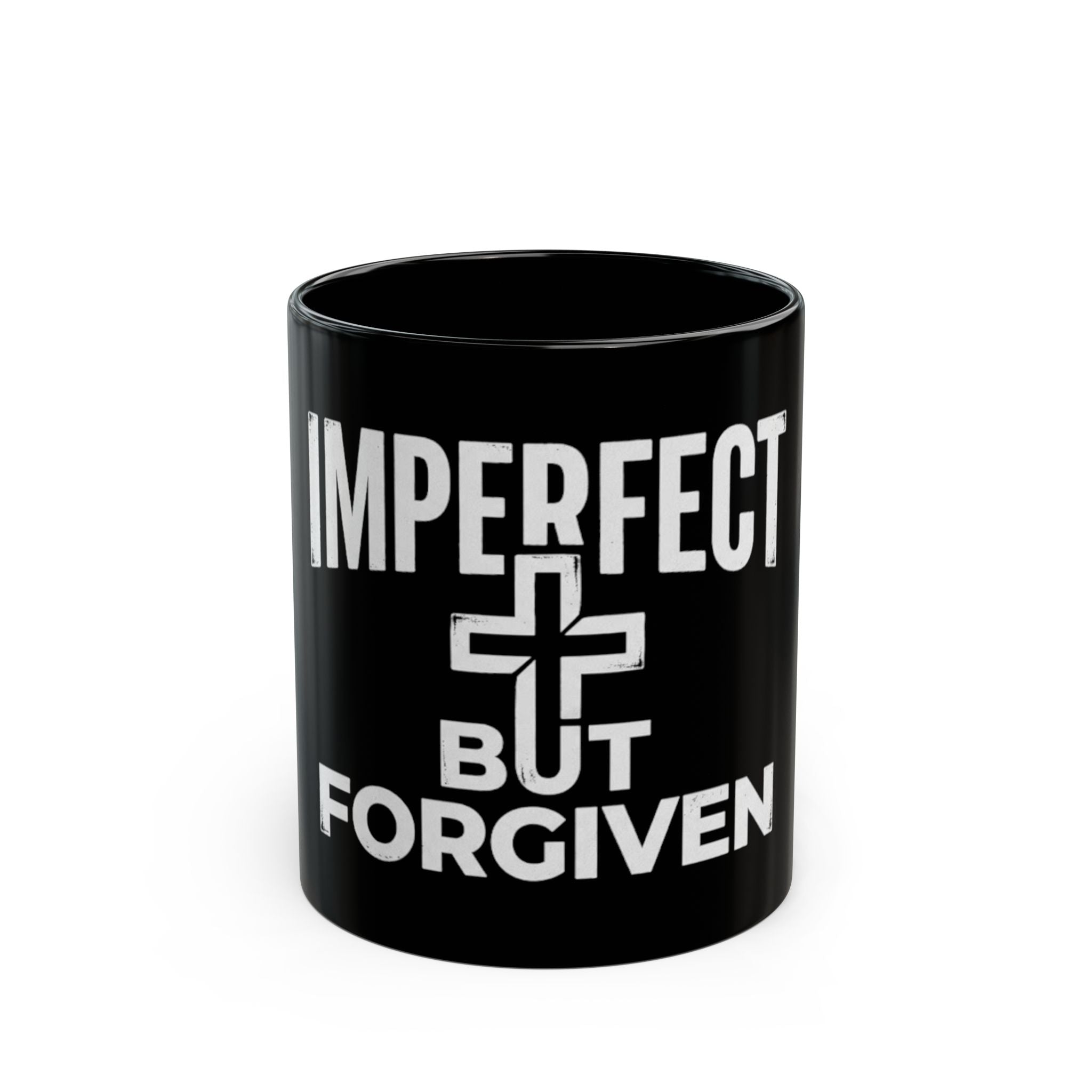 Imperfect But Forgiven mug | Black ceramic coffee mug with cross design