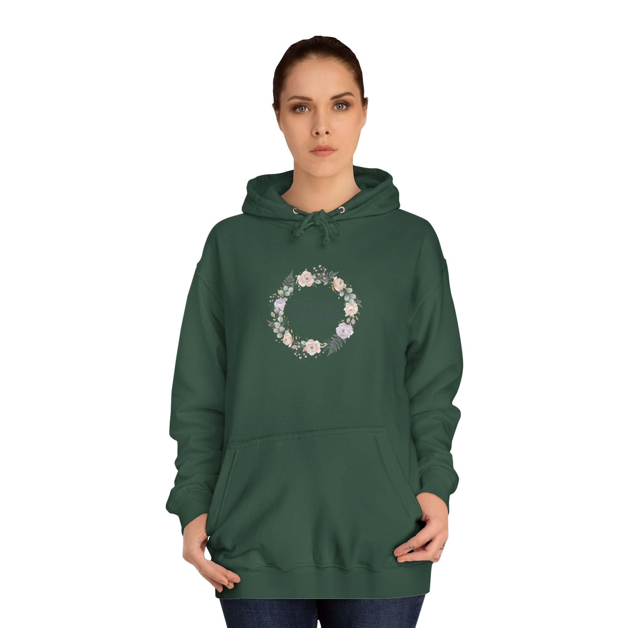 Blessed Floral Wreath Hoodie | Pastel Flowers, Script Typograph USAy