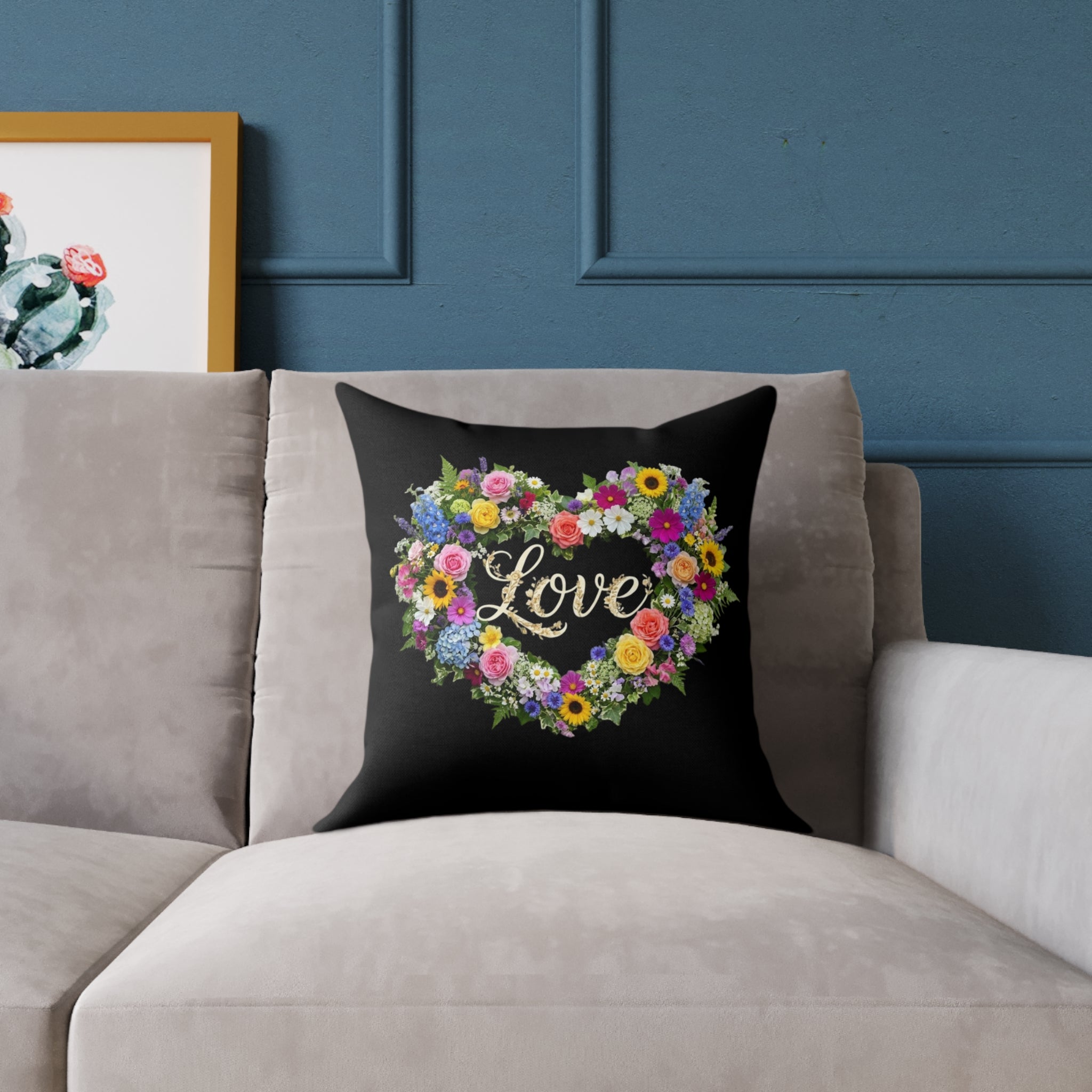 Floral Heart Wreath Love Pillow | Square Poly Canvas Pillow