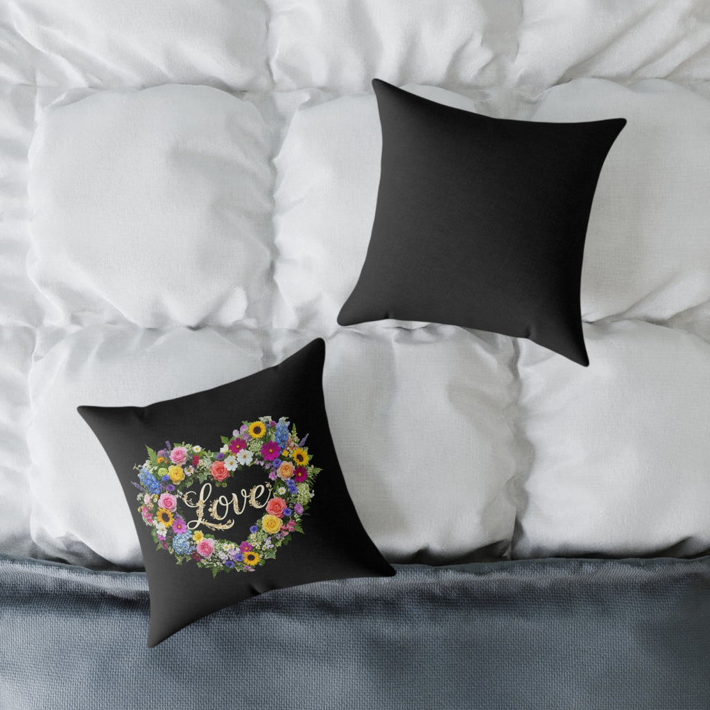 Floral Heart Wreath Love Pillow | Square Poly Canvas Pillow