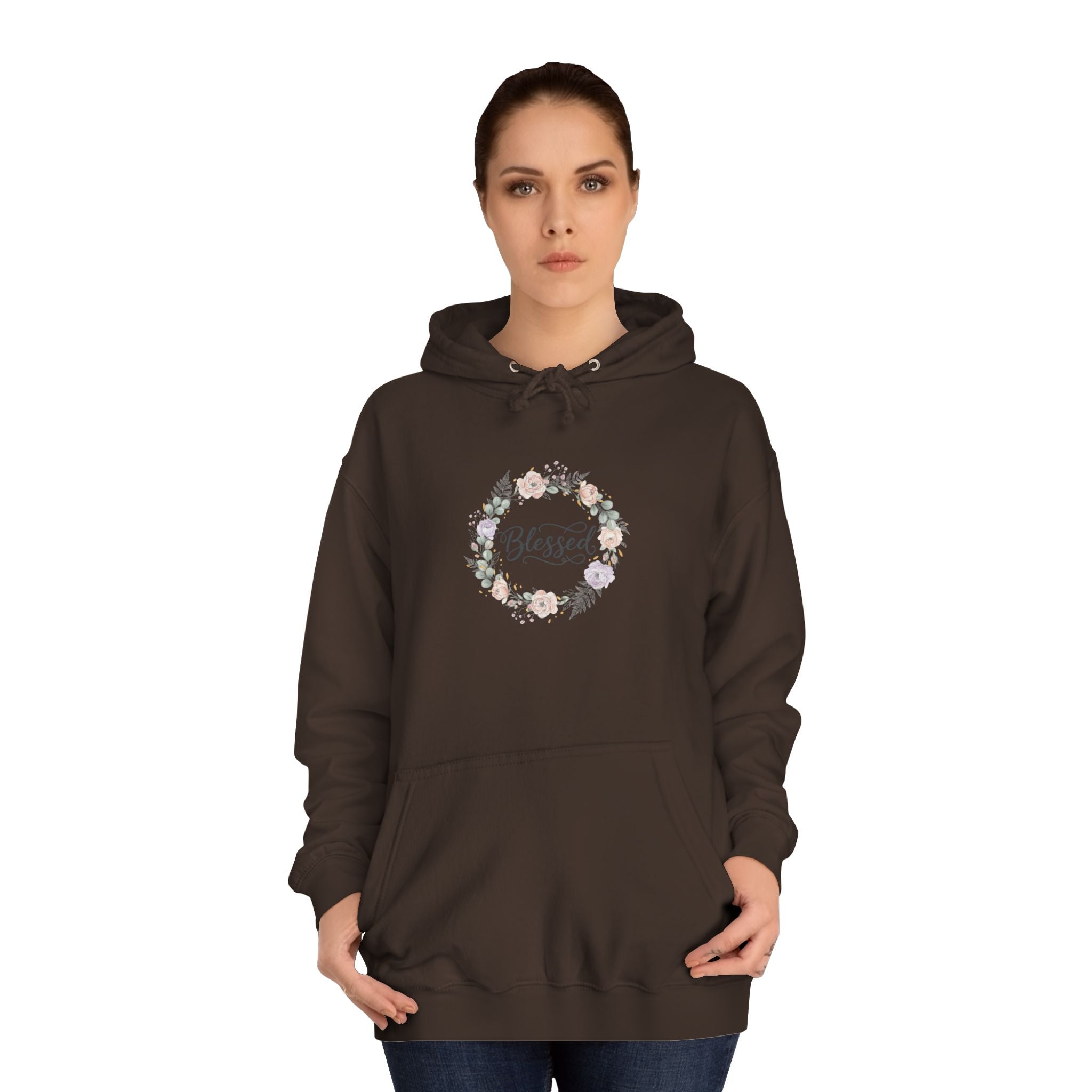 Blessed Floral Wreath Hoodie | Pastel Flowers, Script Typograph USAy