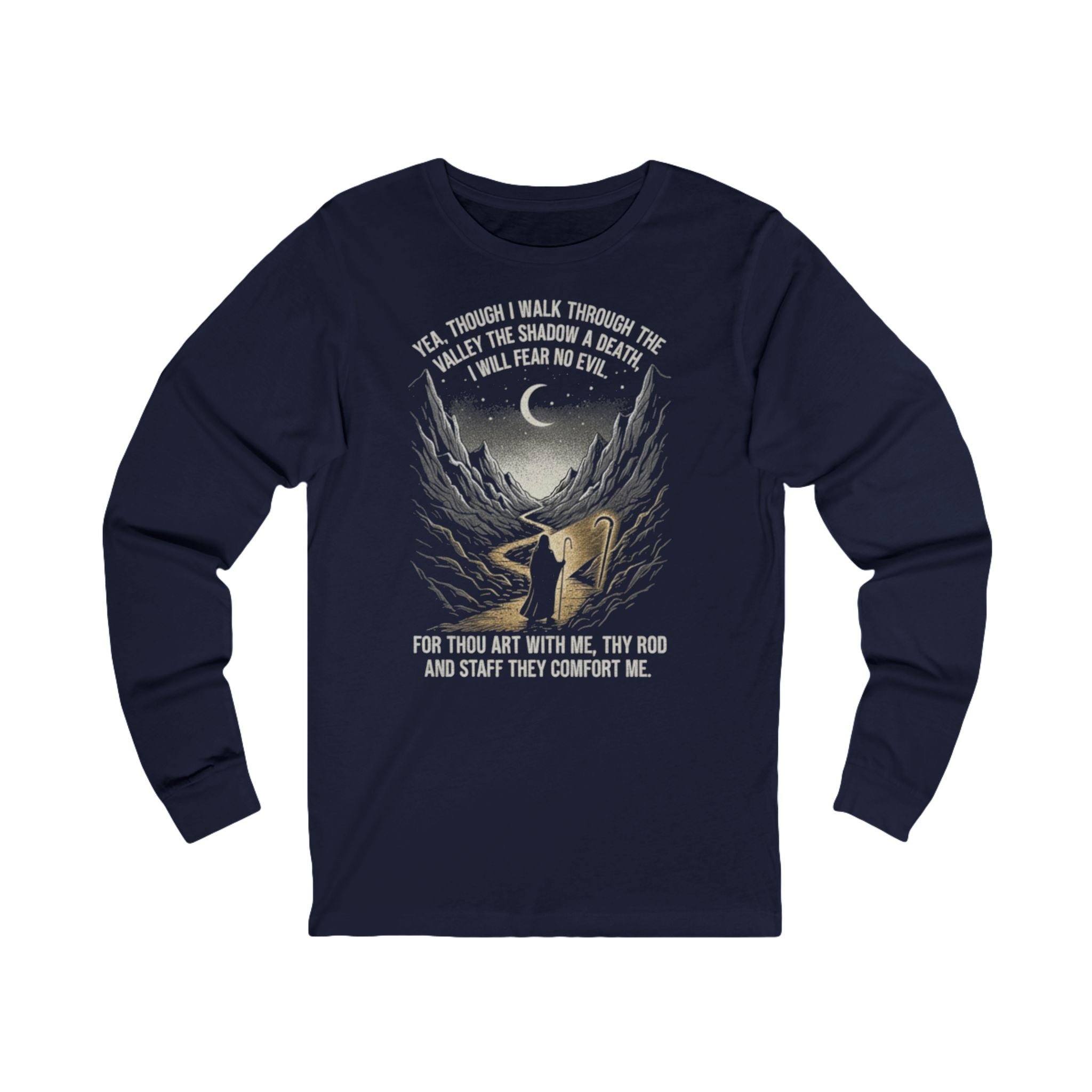 Shepherd Psalm Design Long Sleeve Tee | Mountain, Moon, Faith Graphic