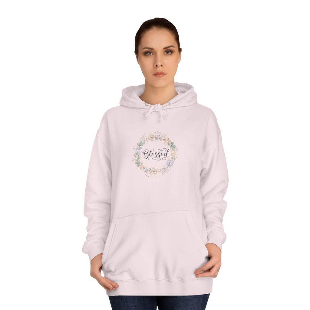Blessed Floral Wreath Hoodie | Pastel Flowers, Script Typograph USAy