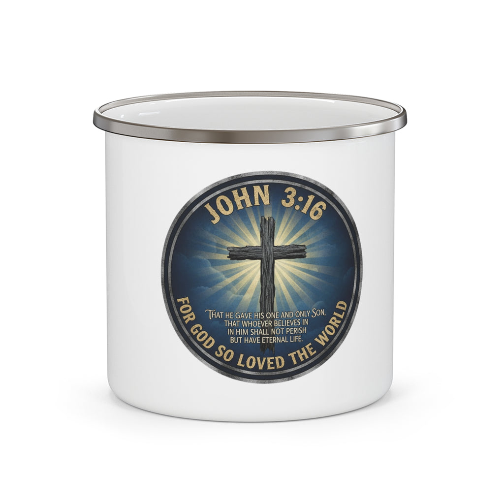 John 3:16 Cross Enamel Camping Mug | Christian Scripture, Faith Outdoor Drinkware