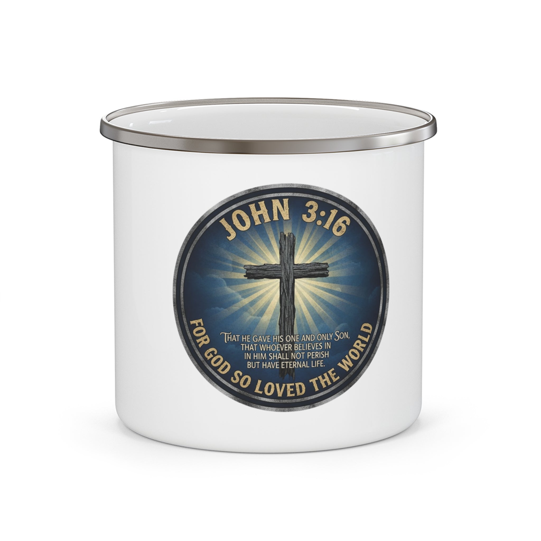 John 3:16 Cross Enamel Camping Mug | Christian Scripture, Faith Outdoor Drinkware